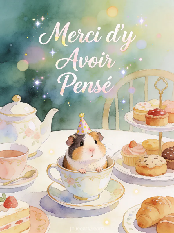 Cochon d'Inde avec chapeau d'anniversaire assis dans une tasse de thé avec le texte Merci d'y Avoir Pensé