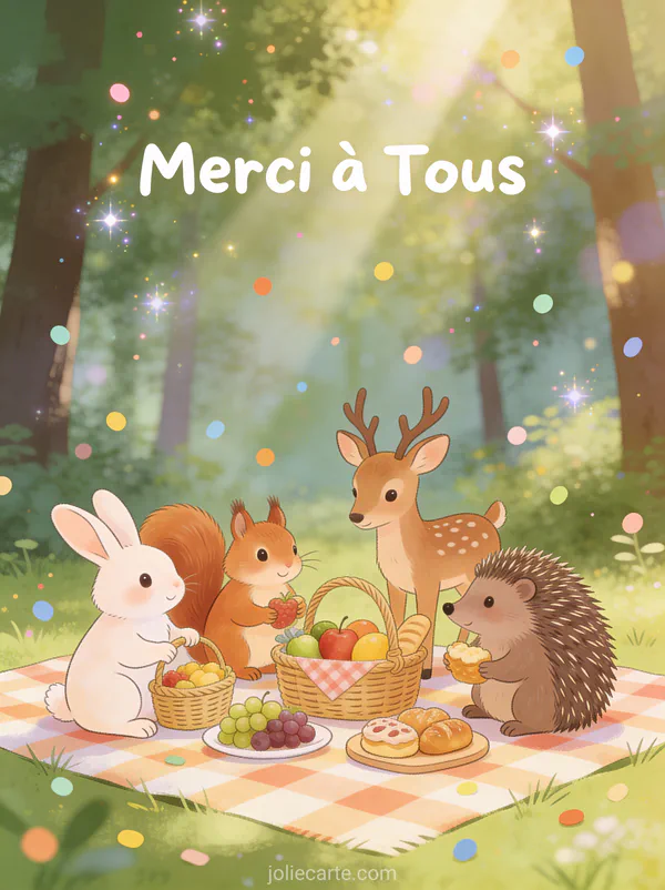 Groupe d'animaux de la forêt cartoon faisant un pique-nique dans une clairière ensoleillée avec le texte Merci à Tous