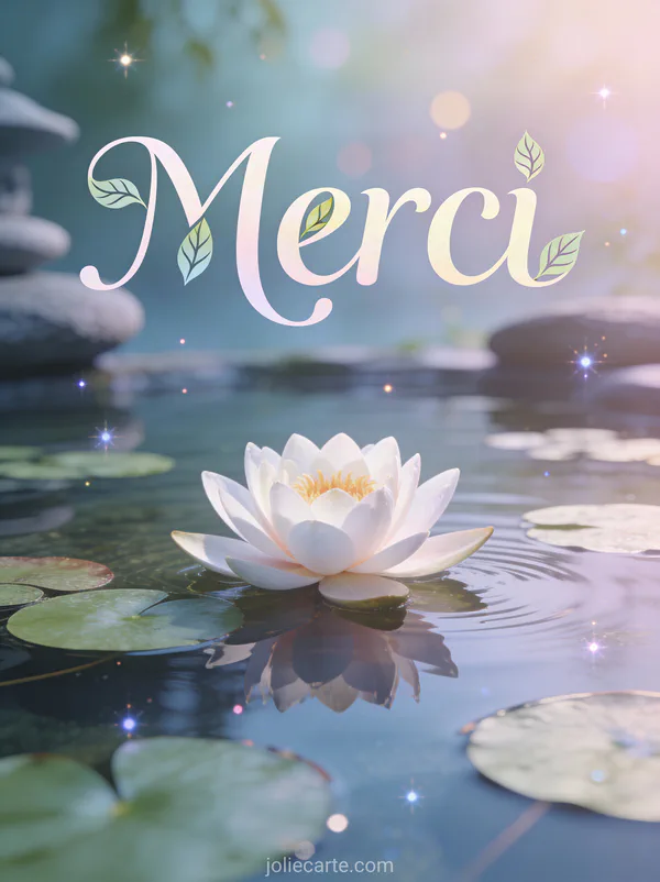 Fleur de lotus rose épanouie sur un étang zen calme avec nénuphars et le texte Merci
