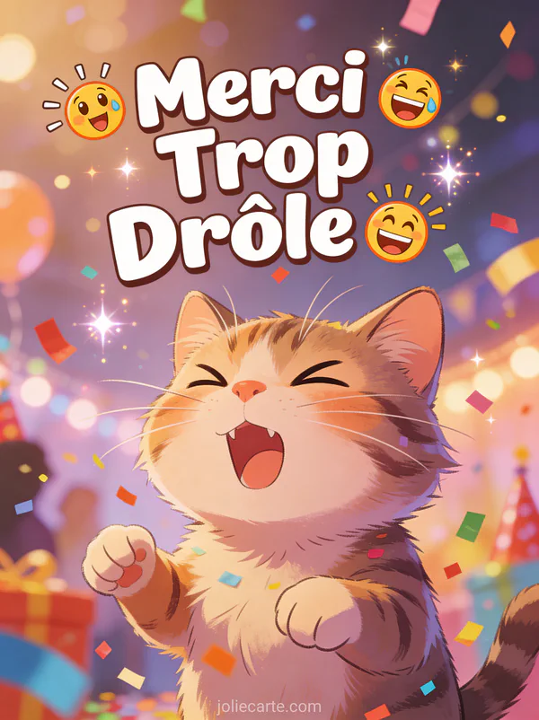 Chat cartoon faisant des grimaces hilares avec confettis dans une fête folle avec le texte Merci Trop Drôle