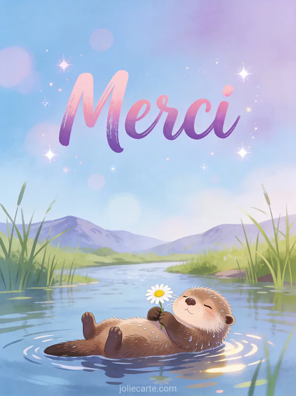Bébé loutre flottant sur le dos dans une eau calme tenant une petite fleur avec le texte Merci
