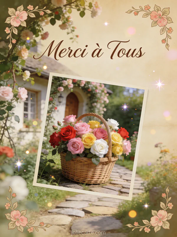 Panier rustique de roses multicolores dans un jardin de cottage avec le texte Merci à Tous style album photo