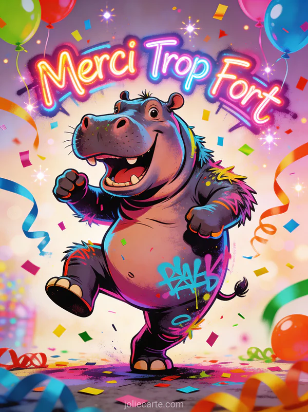 Hippopotame cartoon faisant une danse ridicule avec décorations de fête dans un chaos de célébration avec le texte Merci Trop Fort