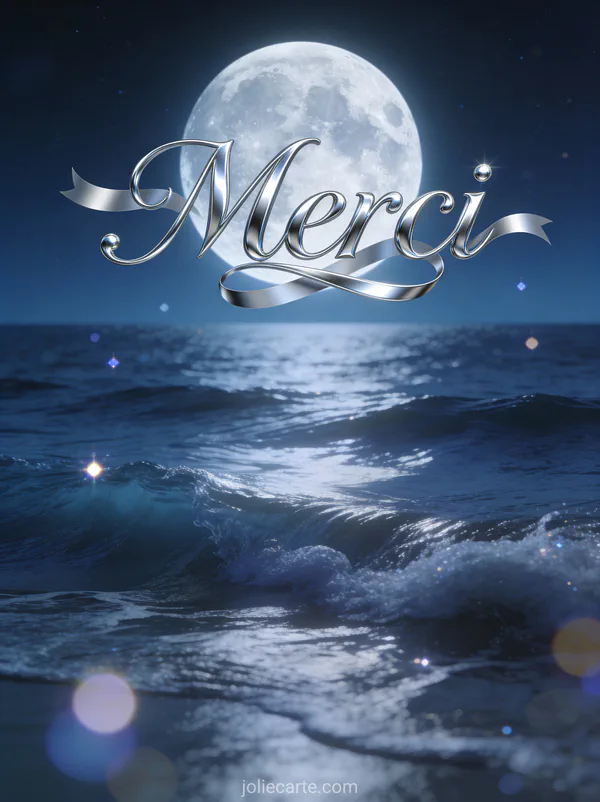 Lune argentée au-dessus d'un océan calme la nuit avec vagues douces et le texte Merci en lettres élégantes