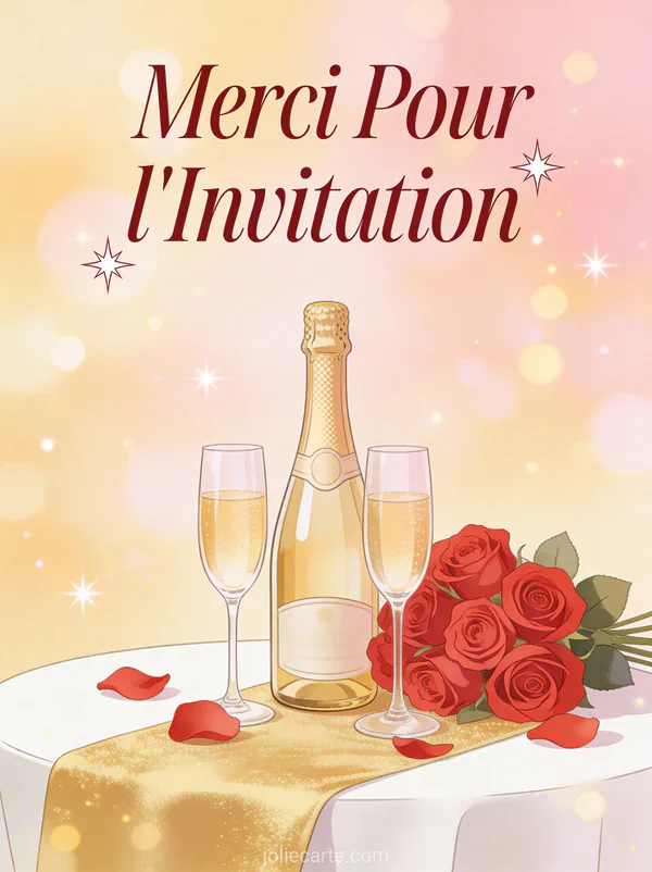 Bouteille de champagne avec coupes et roses sur une table élégante avec le texte Merci Pour l'Invitation