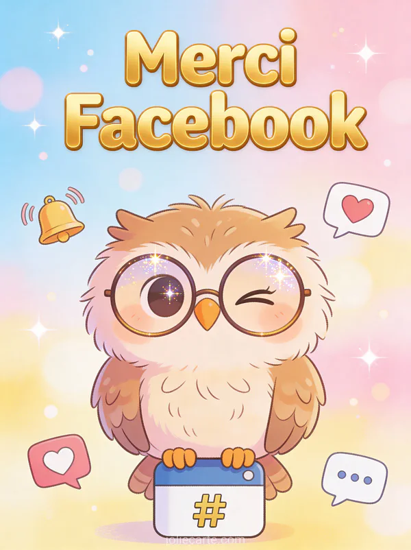 Hibou cartoon avec lunettes faisant un clin d'oeil avec icônes de notification et le texte Merci Facebook
