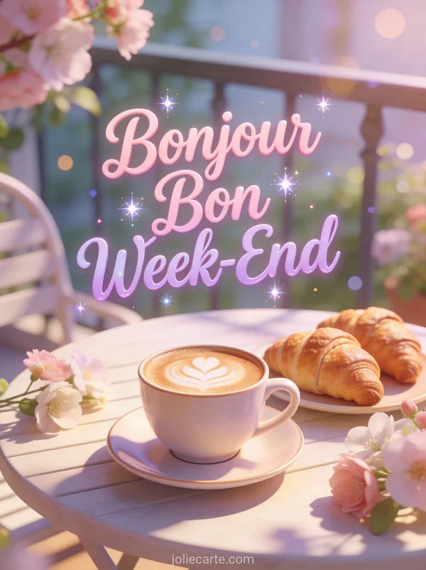 Tasse de café latte art avec croissants et fleurs printanières sur une table de terrasse ensoleillée avec le texte Bonjour Bon Week-End