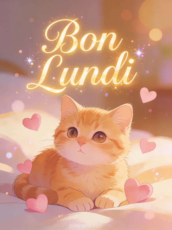 Adorable chaton roux au regard tendre entouré de cœurs roses flottants avec le texte Bon Lundi