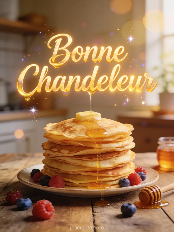 Pile de crêpes dorées avec miel coulant et fruits rouges sur table en bois avec texte Bonne Chandeleur