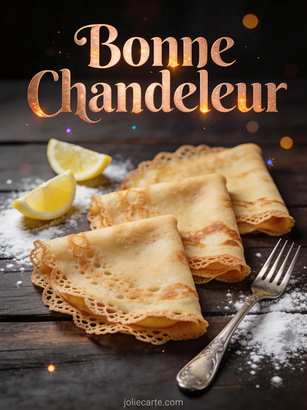 Crêpes dentelles artistiques avec tranches de citron et sucre glace sur bois sombre avec texte Bonne Chandeleur