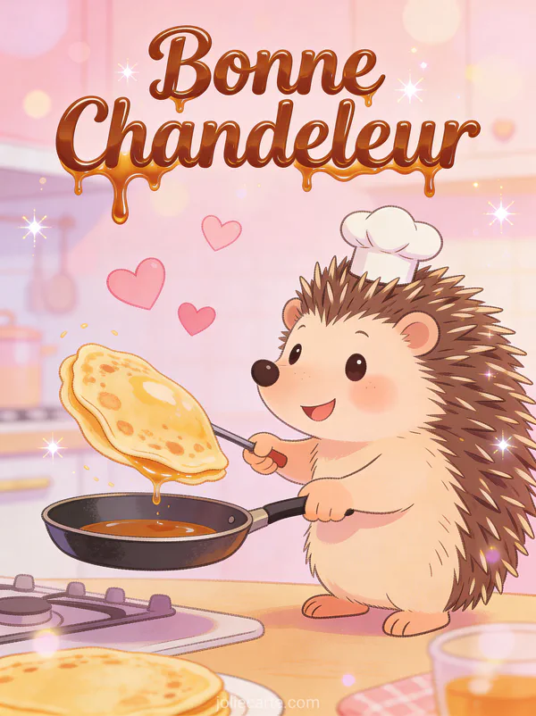 Hérisson cartoon avec toque de chef faisant sauter une crêpe dans une poêle avec texte Bonne Chandeleur