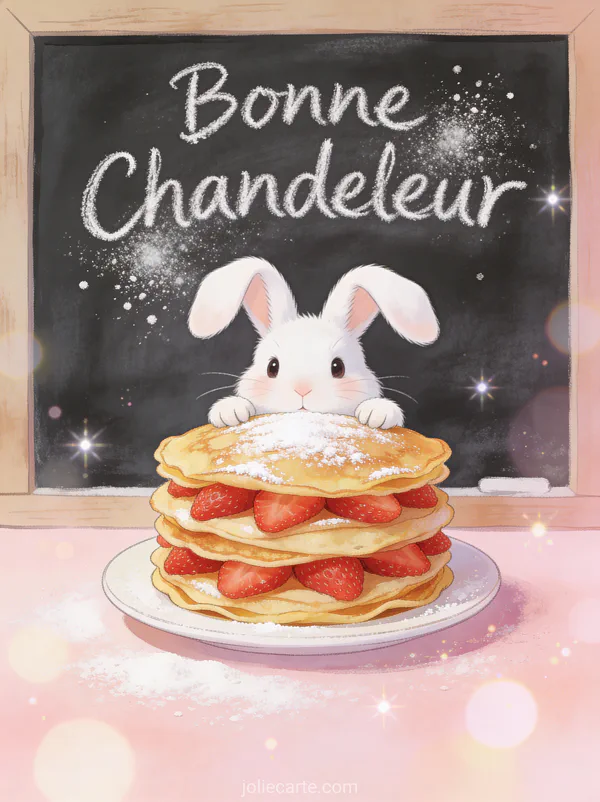 Lapin blanc aux oreilles tombantes regardant une pile de crêpes aux fraises sur fond pastel avec texte Bonne Chandeleur