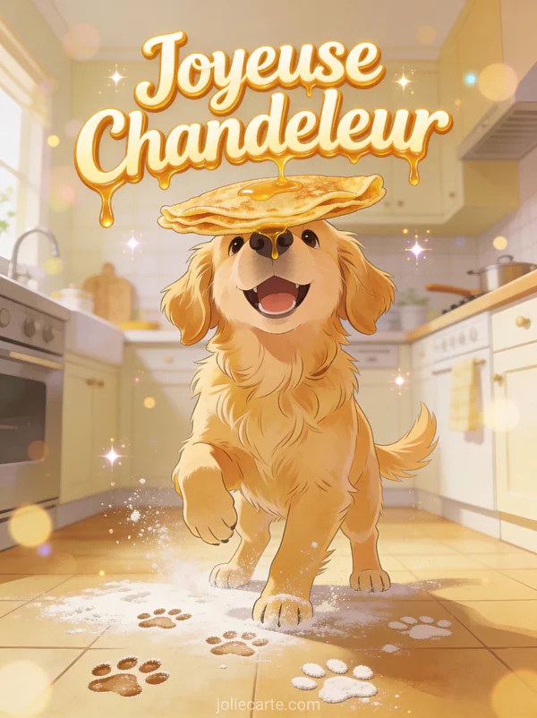Chiot golden retriever joyeux avec une crêpe en équilibre sur le nez dans une cuisine avec traces de farine au sol texte Joyeuse Chandeleur