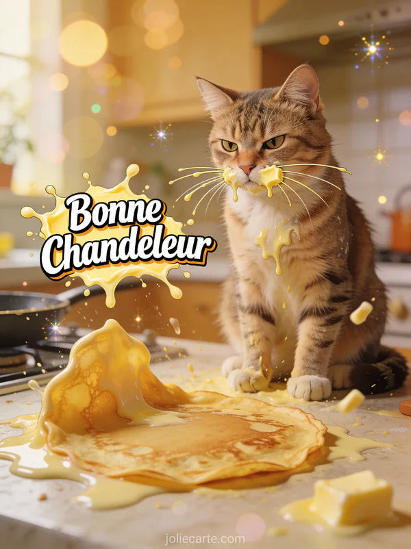 Chat grognon avec pâte sur les moustaches à côté d'une crêpe ratée dans une cuisine en désordre texte Bonne Chandeleur