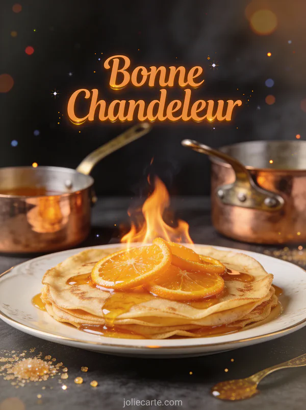 Crêpes Suzette flambées avec tranches d'orange caramélisées et ustensiles en cuivre sur fond sombre texte Bonne Chandeleur