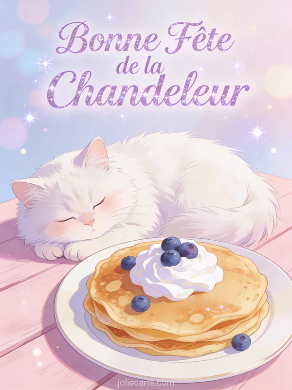 Chat persan blanc endormi à côté de crêpes avec chantilly et myrtilles lumière pastel texte Bonne Fête de la Chandeleur