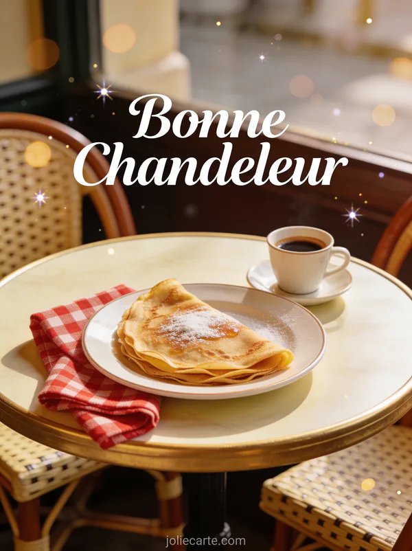 Table de café parisien avec crêpes au sucre tasse d'espresso et serviette à carreaux rouges texte Bonne Chandeleur