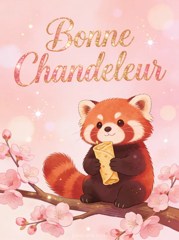 Panda roux mignon tenant une crêpe roulée assis sur une branche de cerisier en fleurs texte Bonne Chandeleur