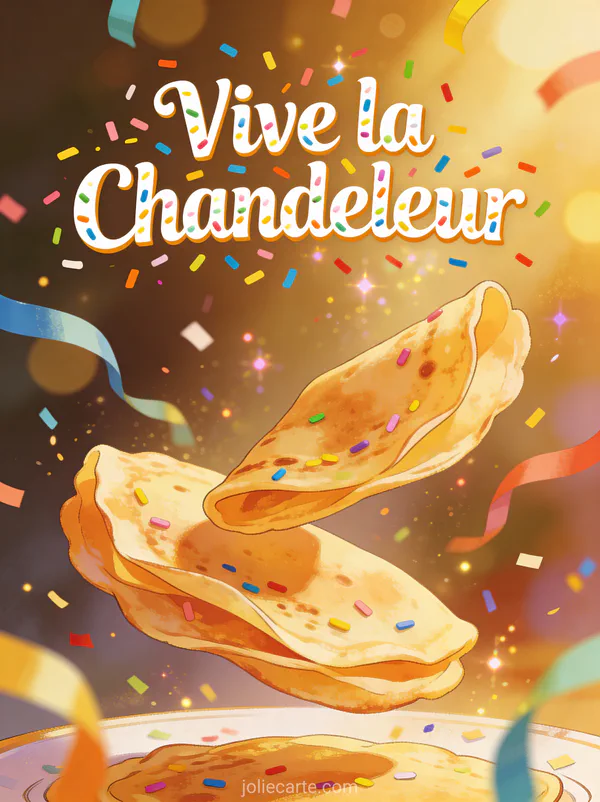 Crêpes lancées en l'air avec confettis et serpentins colorés ambiance de fête texte Vive la Chandeleur