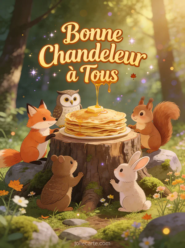 Renard hibou écureuil et lapin réunis autour d'une pile de crêpes sur une souche en forêt enchantée texte Bonne Chandeleur à Tous