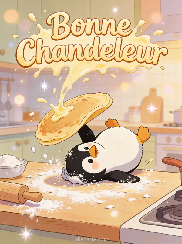 Pingouin comique avec une crêpe atterrie sur la tête cuisine couverte de farine texte Bonne Chandeleur