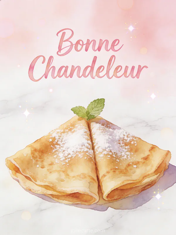 Crêpe dorée pliée en quatre avec sucre glace et feuille de menthe sur marbre blanc texte Bonne Chandeleur
