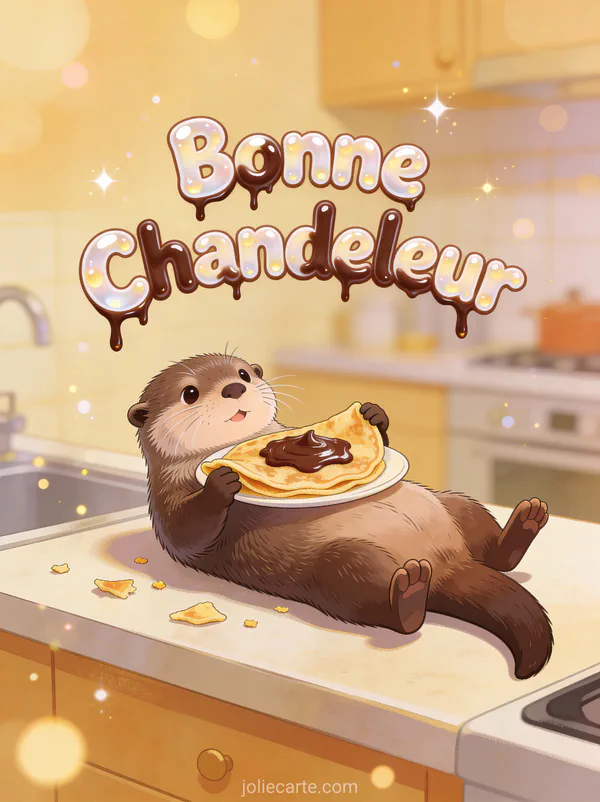 Loutre allongée sur le dos avec une crêpe au Nutella sur le ventre scène comique texte Bonne Chandeleur