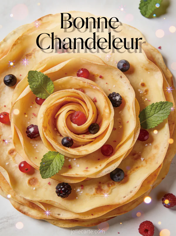 Vue aérienne de crêpes disposées en spirale avec fruits rouges et feuilles de menthe texte Bonne Chandeleur
