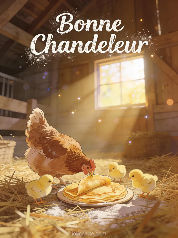Poule mère avec ses poussins autour d'une petite crêpe dans une grange ensoleillée texte Bonne Chandeleur