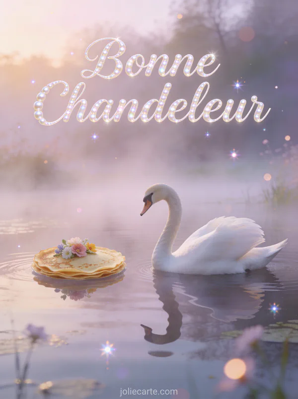 Cygne blanc nageant près d'une crêpe décorée de fleurs sur un étang brumeux à l'aube texte Bonne Chandeleur