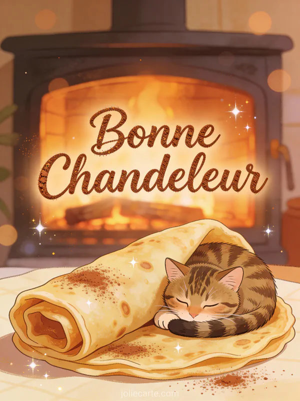 Chat tigré endormi enroulé dans une crêpe comme une couverture devant une cheminée texte Bonne Chandeleur