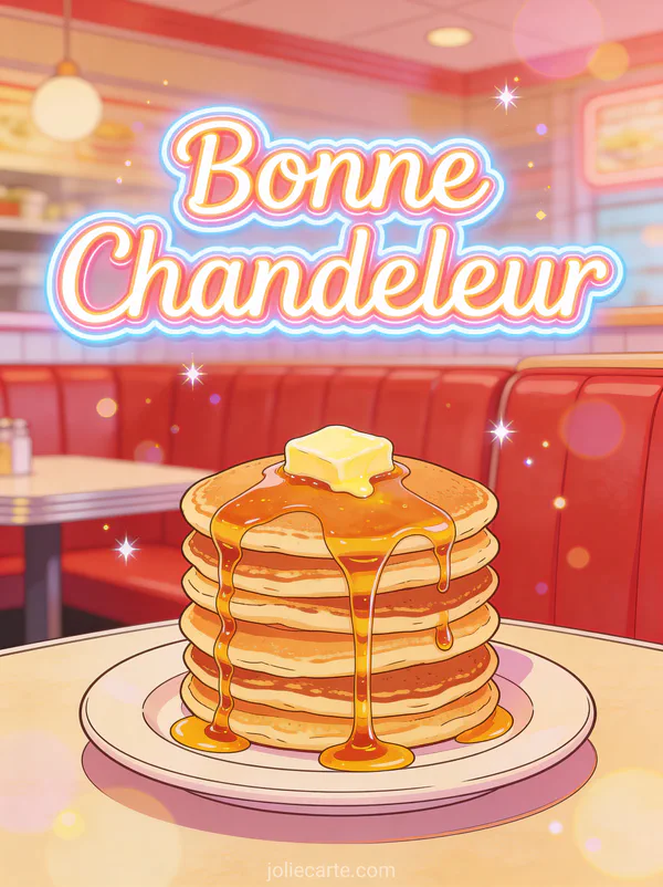Pile de crêpes avec cascade de sirop d'érable et beurre fondant dans un diner rétro texte Bonne Chandeleur