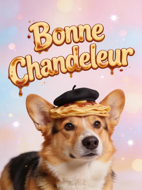 Corgi fier portant une crêpe sur la tête comme un béret portrait comique fond pastel texte Bonne Chandeleur