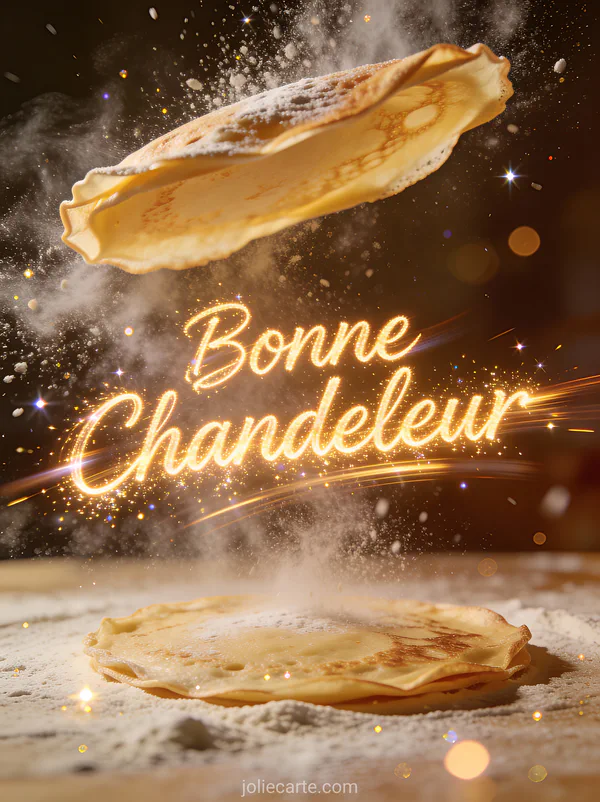 Crêpe en plein saut dans les airs avec particules de farine flottant autour éclairage dramatique texte Bonne Chandeleur