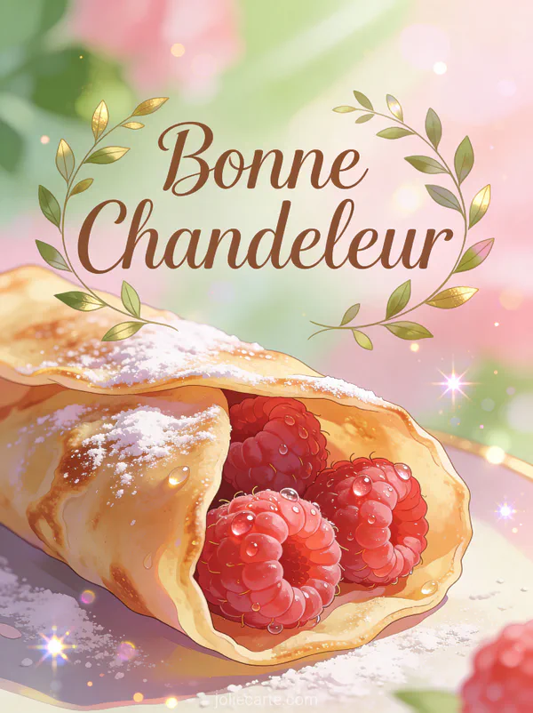 Gros plan de crêpe garnie de framboises fraîches avec gouttes de rosée et sucre glace lumière naturelle texte Bonne Chandeleur
