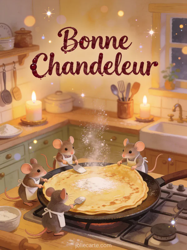Famille de souris en tabliers cuisinant une crêpe géante dans une cuisine miniature style conte de fées texte Bonne Chandeleur
