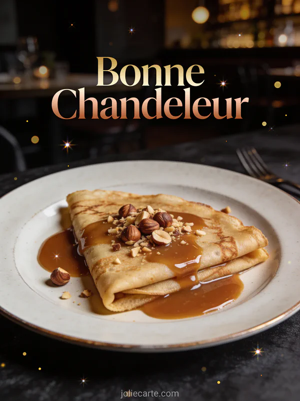 Crêpes sauce caramel beurre salé et noisettes concassées éclairage restaurant chic texte Bonne Chandeleur