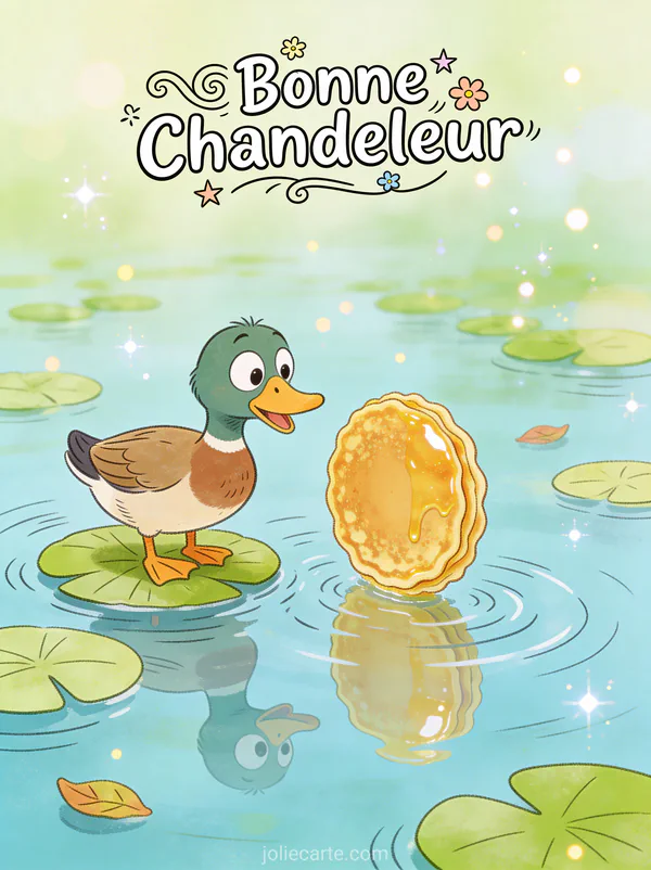 Canard surpris regardant son reflet dans une crêpe brillante étang avec nénuphars texte Bonne Chandeleur