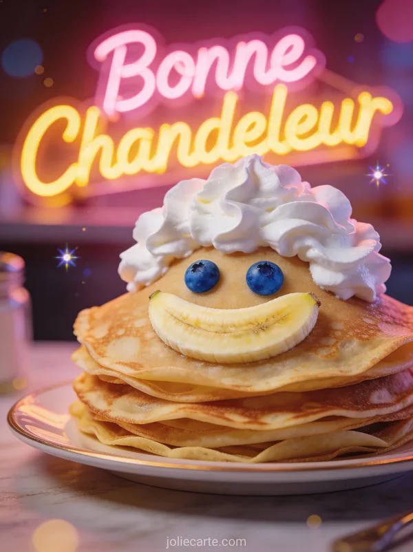 Pile de crêpes avec visage fait de banane sourire myrtilles yeux et chantilly cheveux food art amusant texte Bonne Chandeleur