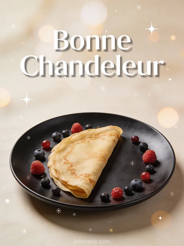 Crêpe parfaite sur assiette noire mate avec arrangement géométrique de fruits style moderne texte Bonne Chandeleur