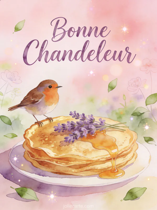Rouge-gorge perché sur le bord d'une crêpe avec fleurs de lavande et filet de miel ambiance jardin texte Bonne Chandeleur