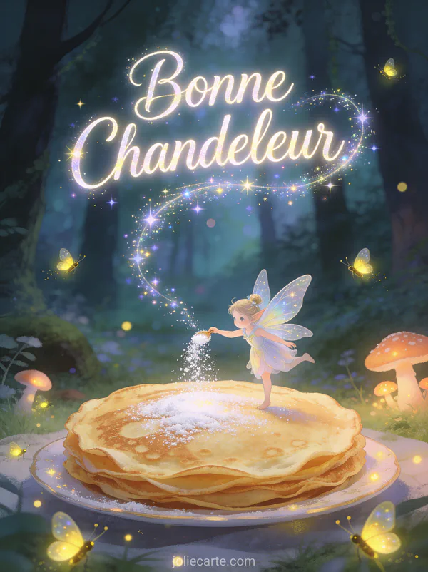 Fée saupoudrant de la poussière magique sur une crêpe géante forêt enchantée lucioles et champignons lumineux texte Bonne Chandeleur