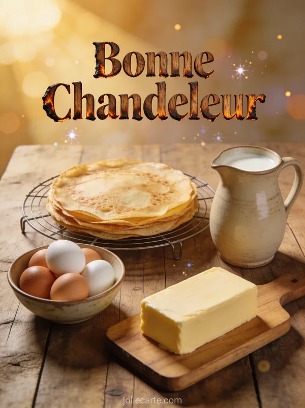 Crêpes sur grille de refroidissement avec bol d'œufs beurre et pichet de lait dans cuisine de ferme texte Bonne Chandeleur