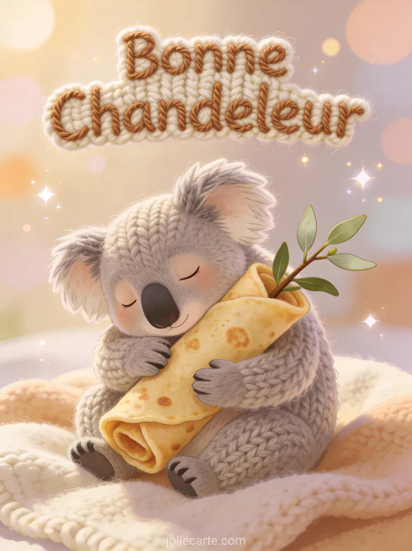 Koala endormi serrant une crêpe roulée dans ses bras sur une couverture douce texte Bonne Chandeleur