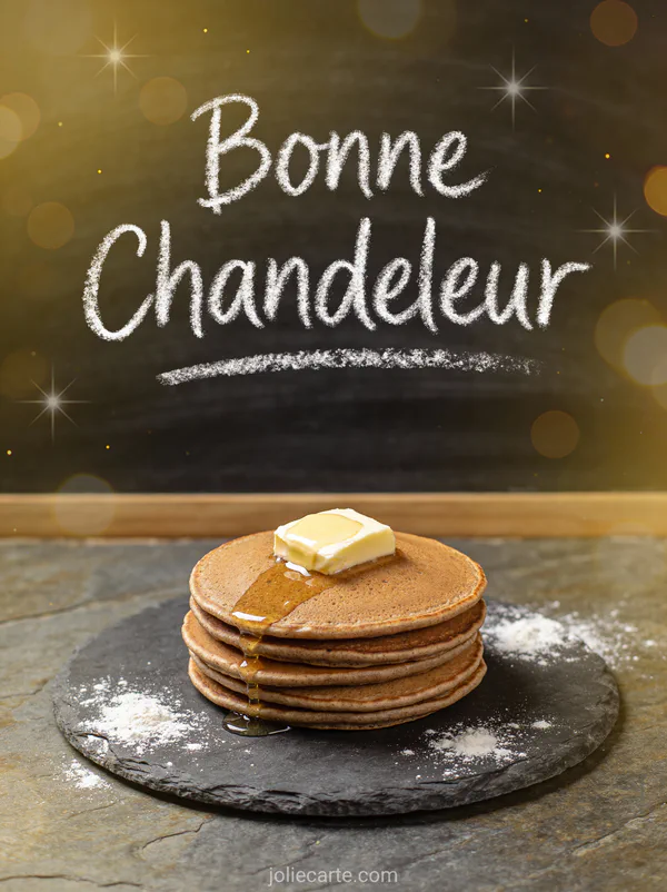 Pile de galettes bretonnes au sarrasin avec noix de beurre salé fondant sur ardoise texte Bonne Chandeleur