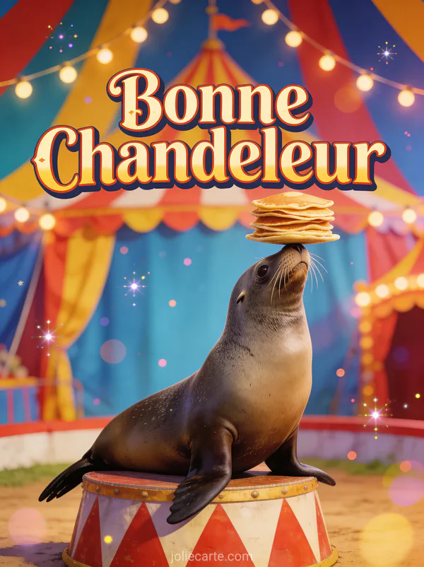 Phoque de cirque équilibrant une pile de crêpes sur le nez chapiteau coloré avec guirlandes lumineuses texte Bonne Chandeleur