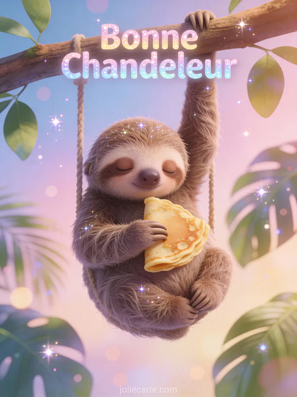 Bébé paresseux suspendu à une branche tenant une petite crêpe feuilles tropicales en fond texte Bonne Chandeleur