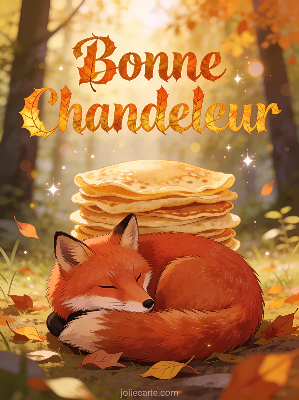 Renard roux enroulé autour d'une pile de crêpes dans une clairière avec feuilles d'automne lumière dorée texte Bonne Chandeleur