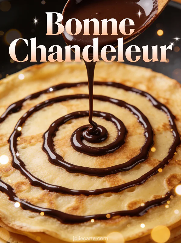 Crêpe parfaitement ronde avec spirale de chocolat noir coulant photo professionnelle contraste élevé texte Bonne Chandeleur