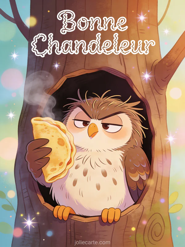 Hibou grognon aux plumes ébouriffées yeux mi-clos dans son creux d'arbre réveillé par l'odeur des crêpes texte Bonne Chandeleur